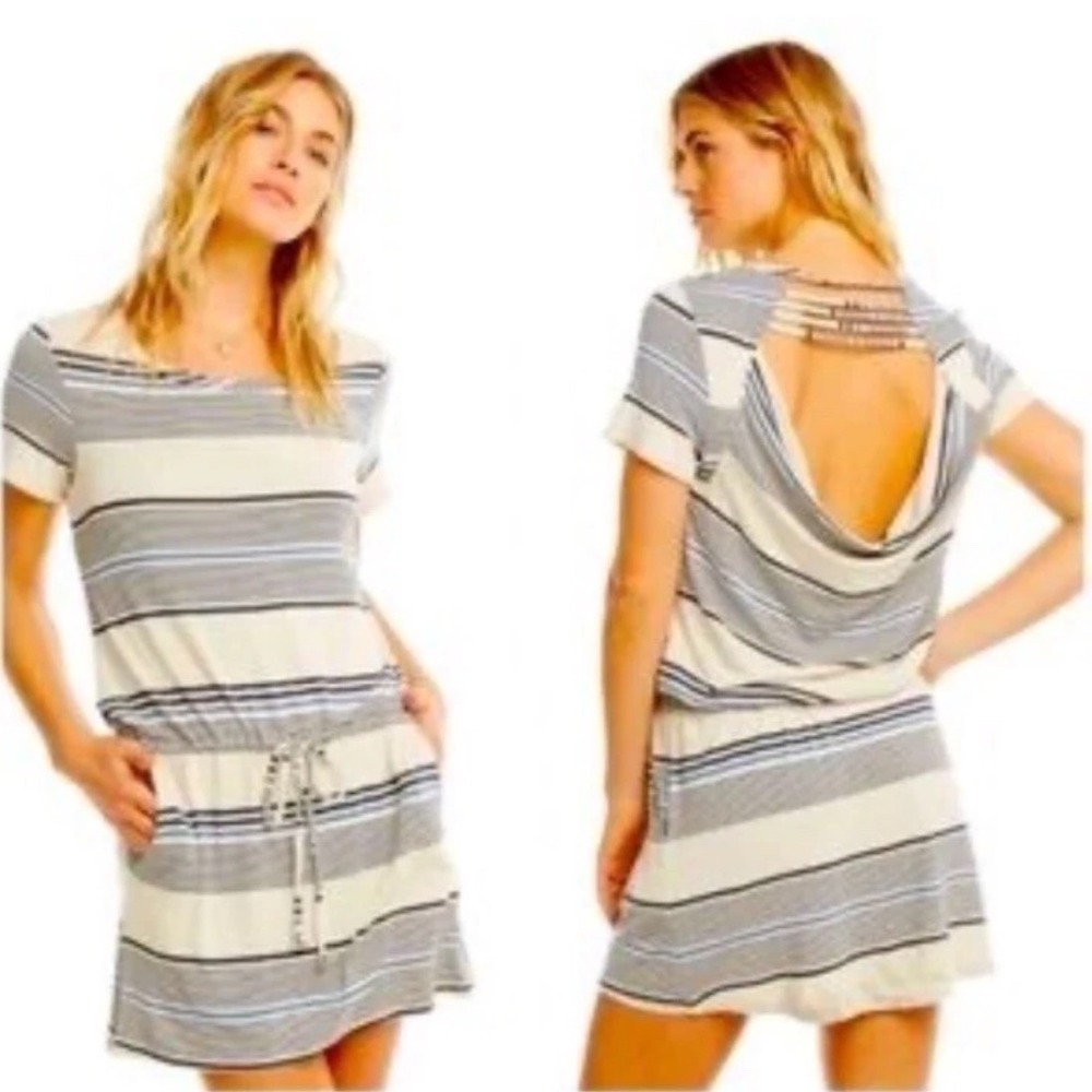 Chaser Cool Jersey Strappy Drape Back Striped Mini Dress Blue Grey Womens Medium